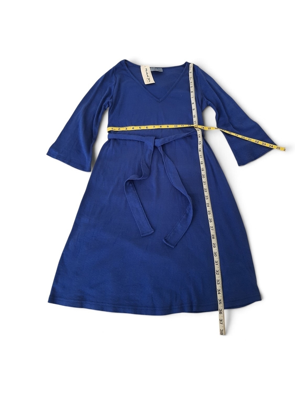 Michael Stars Maternity Stretch Saphire Blue V‑Neck Tie‑Waist Midi Dress